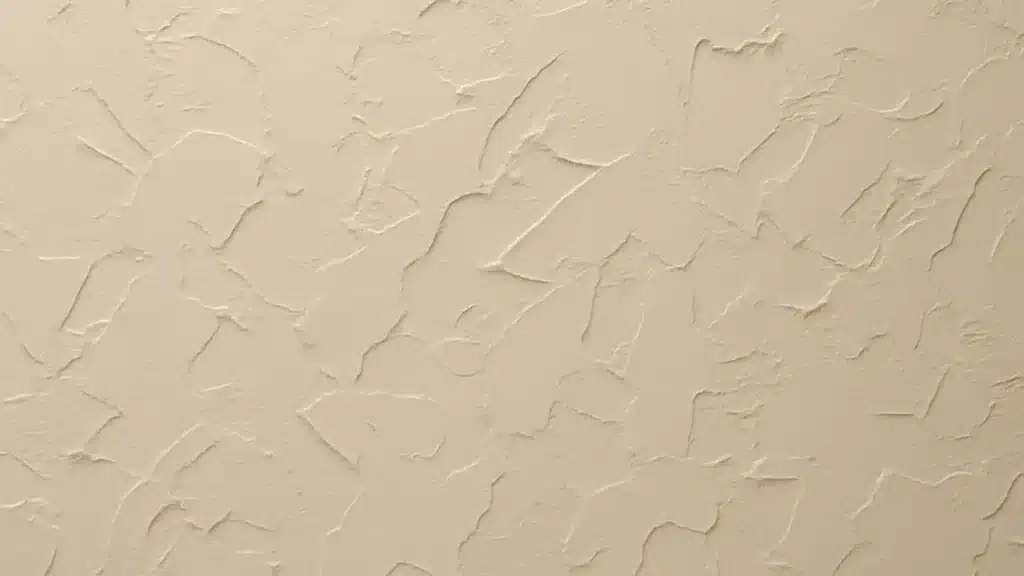 A closeup of white hand trowel drywall texture showing flat swept plaster layers with shallow valleys and soft shadows