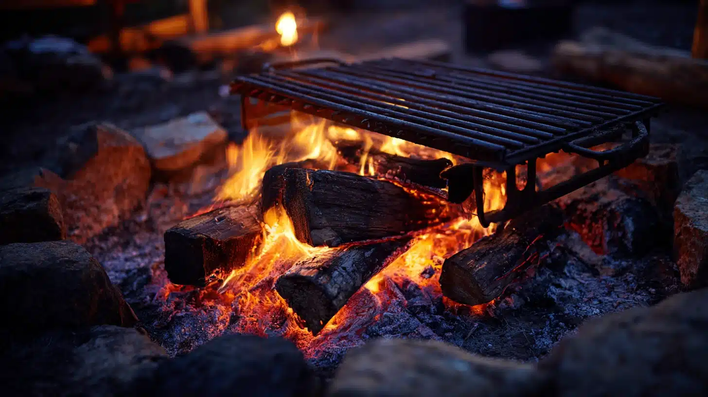 A dark, close-up image of bright orange flames burning logs in a campfire surrounded by dark rocks with a metal grill grate positioned over the fire