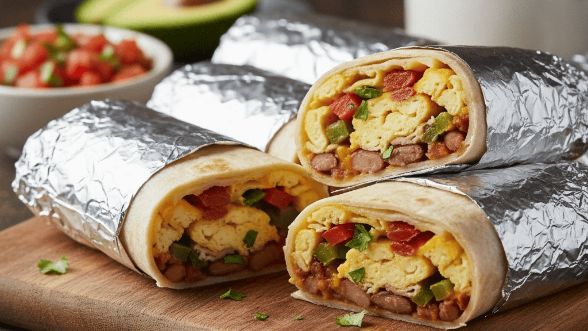 Breakfast burrito wraps filled with eggs, veggies, and meat sliced and served with foil