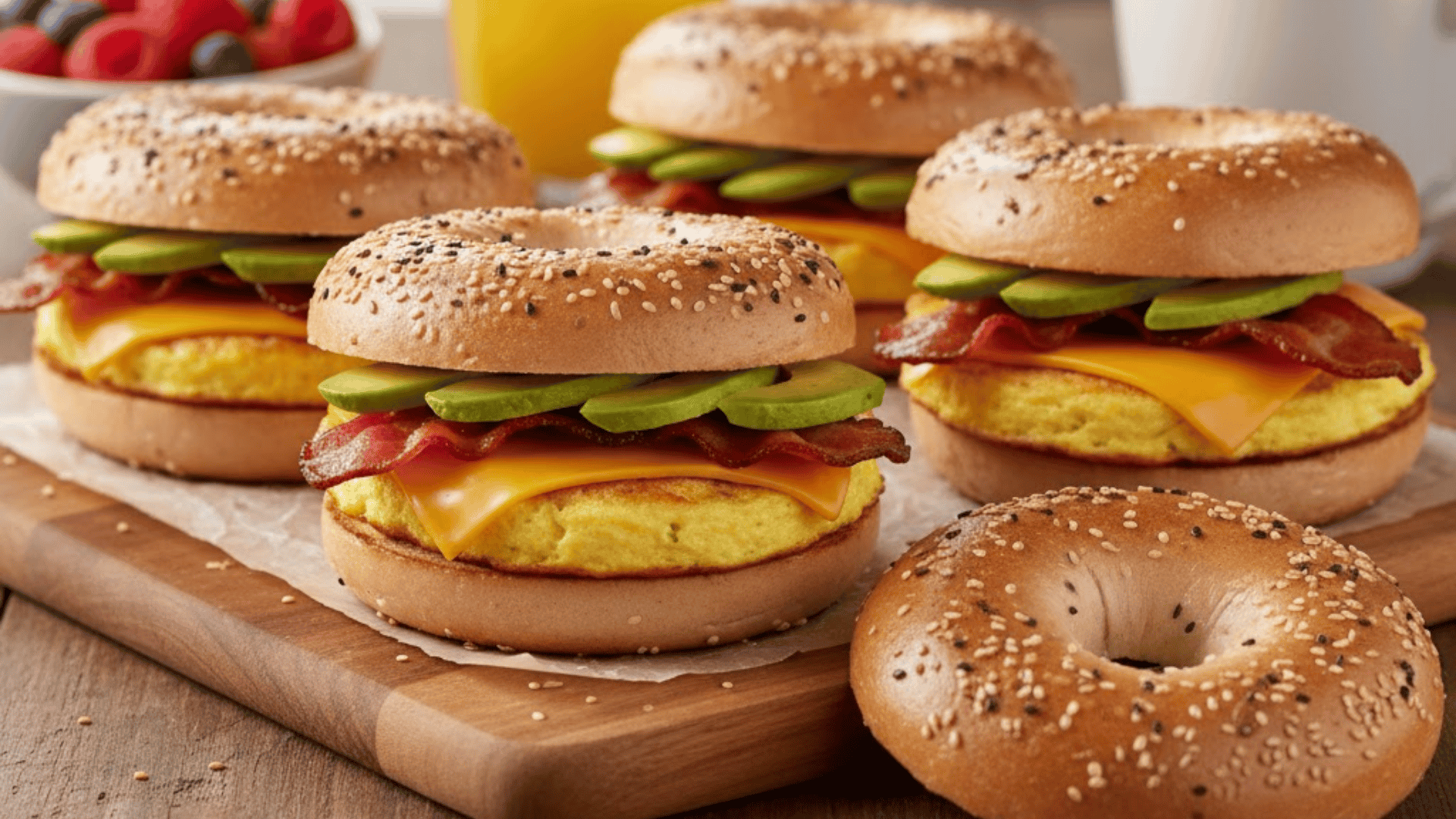 Breakfast sandwiches with ham, cheese, and bacon on toasted bagels