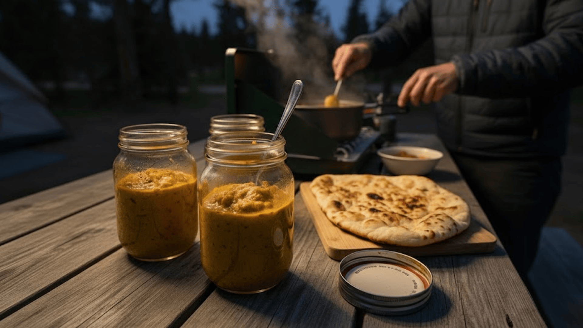 Camper cooking meal at night with jars of sauce and flatbread on wooden picnic table
