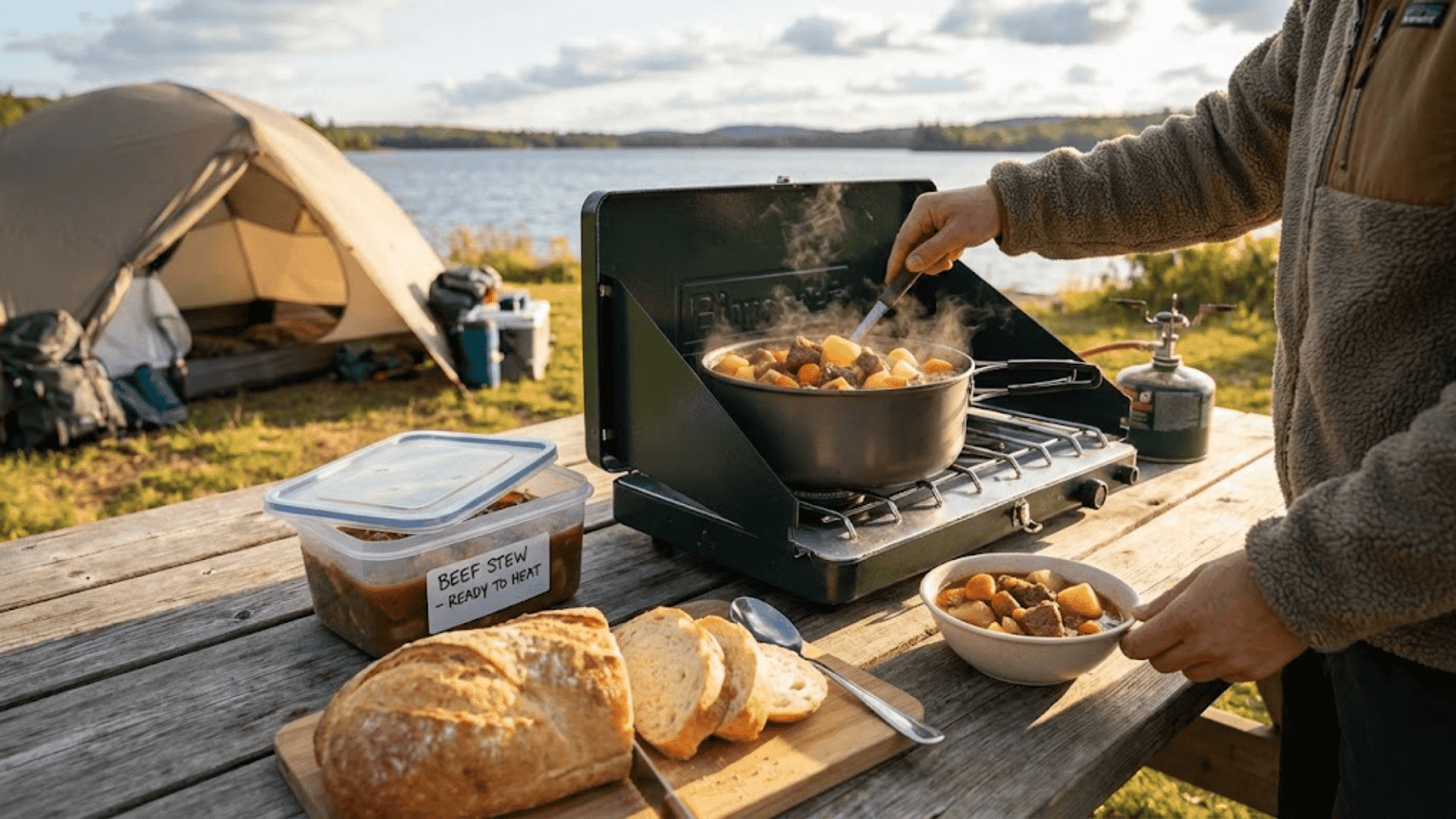 Camper cooking stew on portable stove beside lake with bread and labeled food container