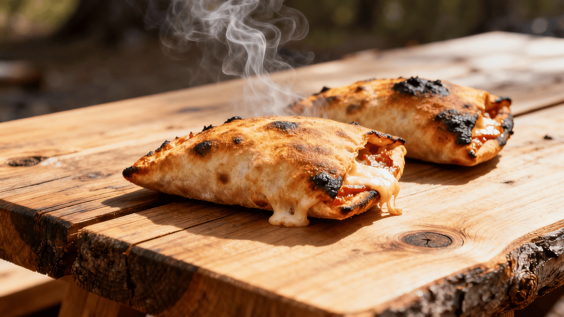 Campfire calzone with melted cheese and sauce inside resting on rustic wooden board