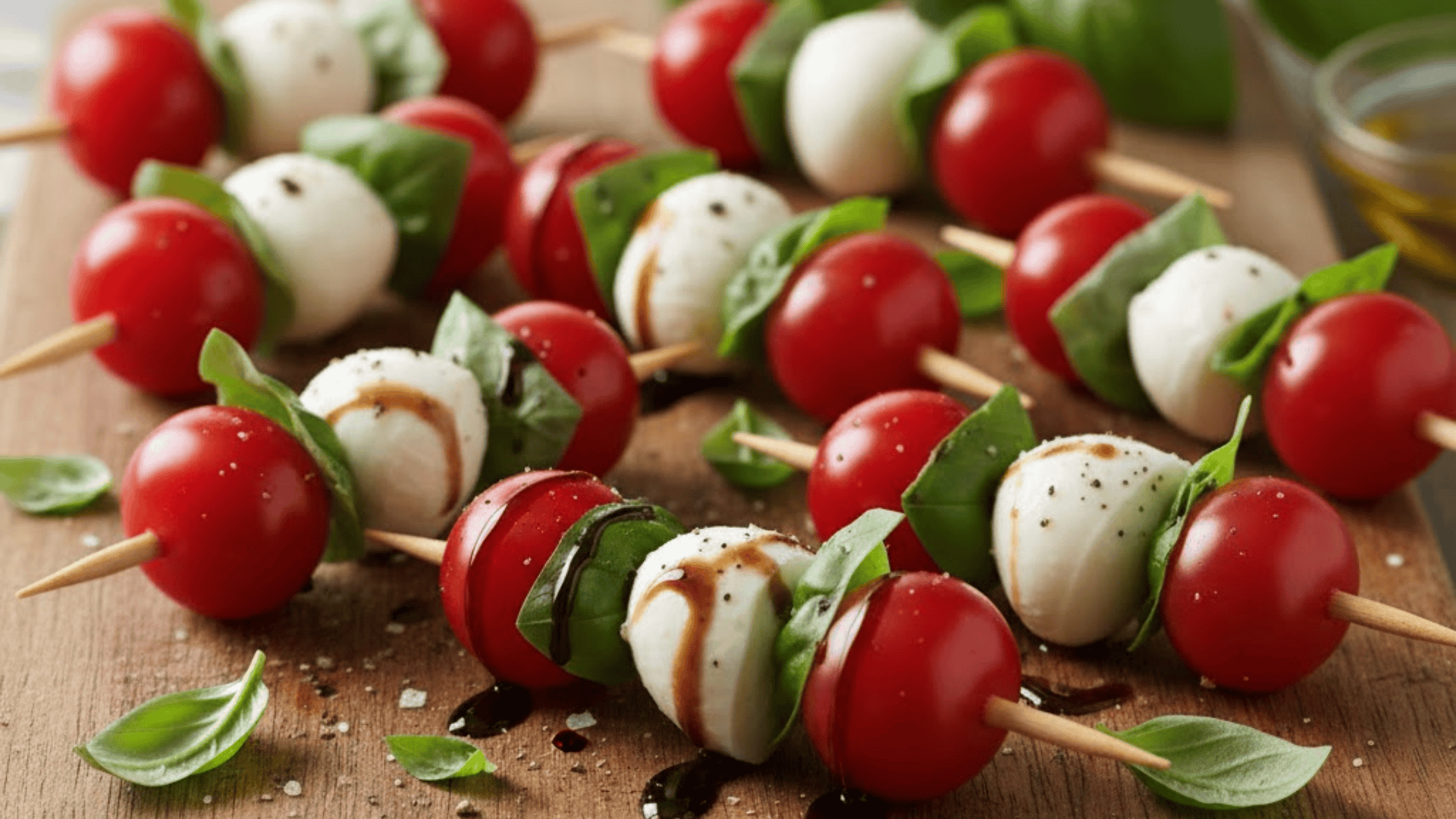 Caprese skewers with mozzarella, tomatoes, and basil on wooden surface