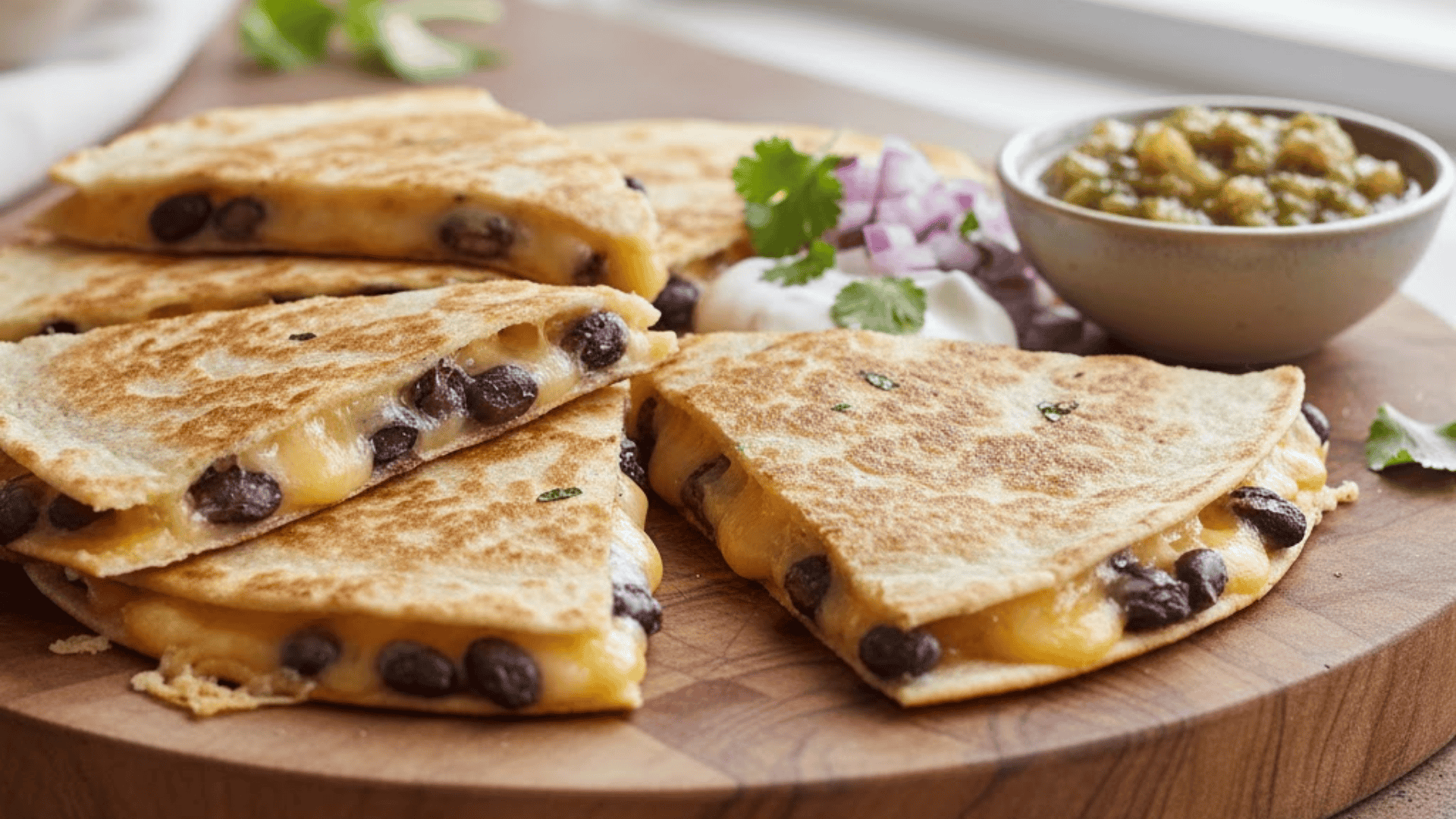 Cheesy black bean quesadillas sliced on board with dip, sour cream, and fresh cilantro garnish