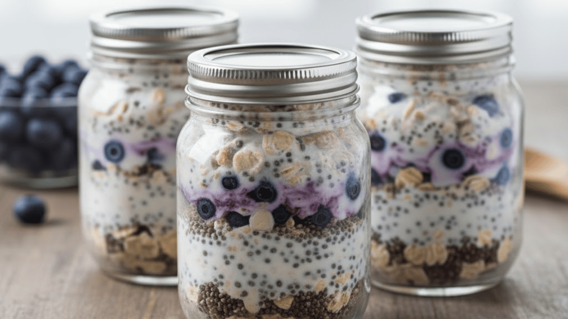 Chia pudding jars layered with yogurt, blueberries, oats, and seeds on a wooden table