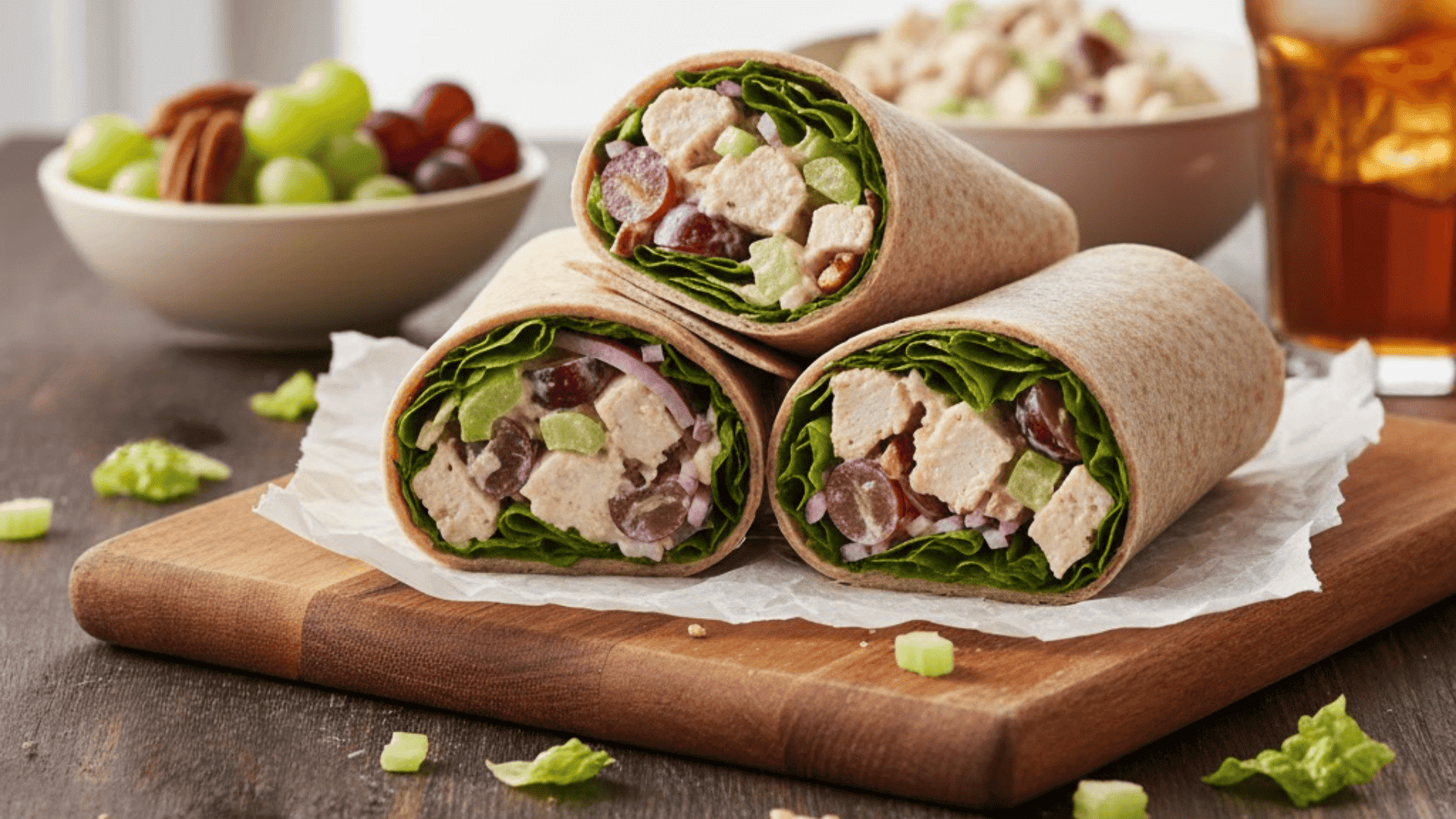 Chicken wrap sandwiches filled with lettuce and veggies sliced in halves
