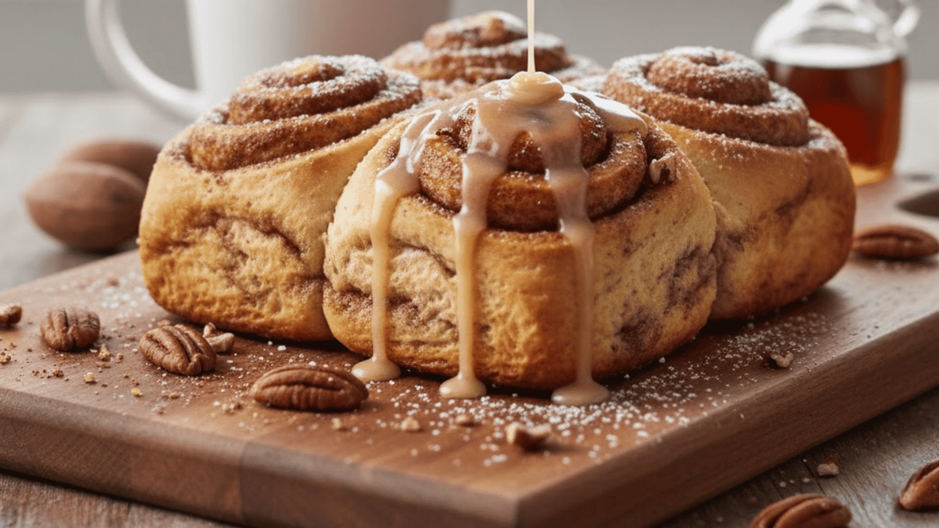 Cinnamon rolls topped with icing glaze served on wooden table