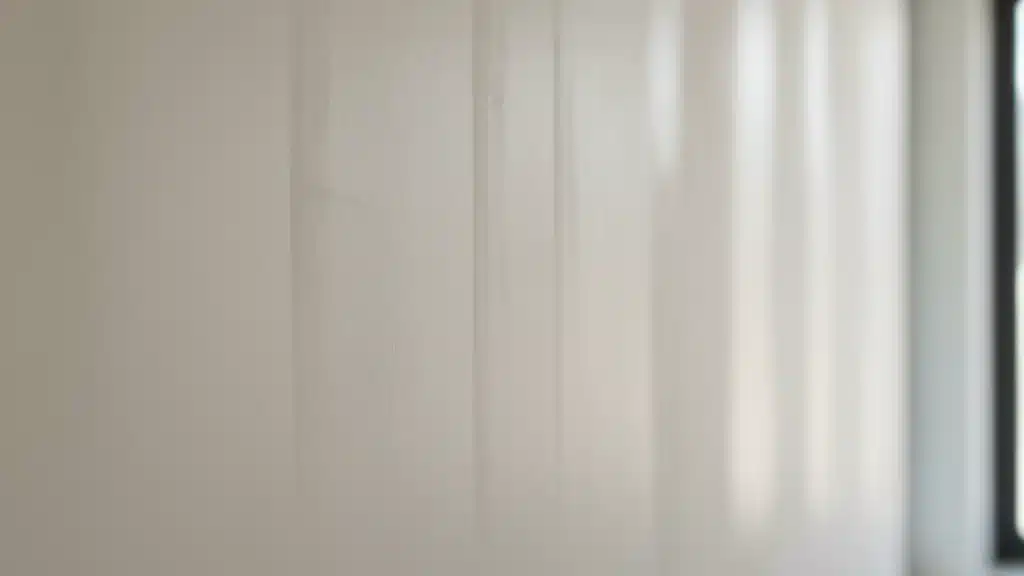 Close up of a skim coat drywall finish showing a very smooth white plastered wall surface with vertical light reflections