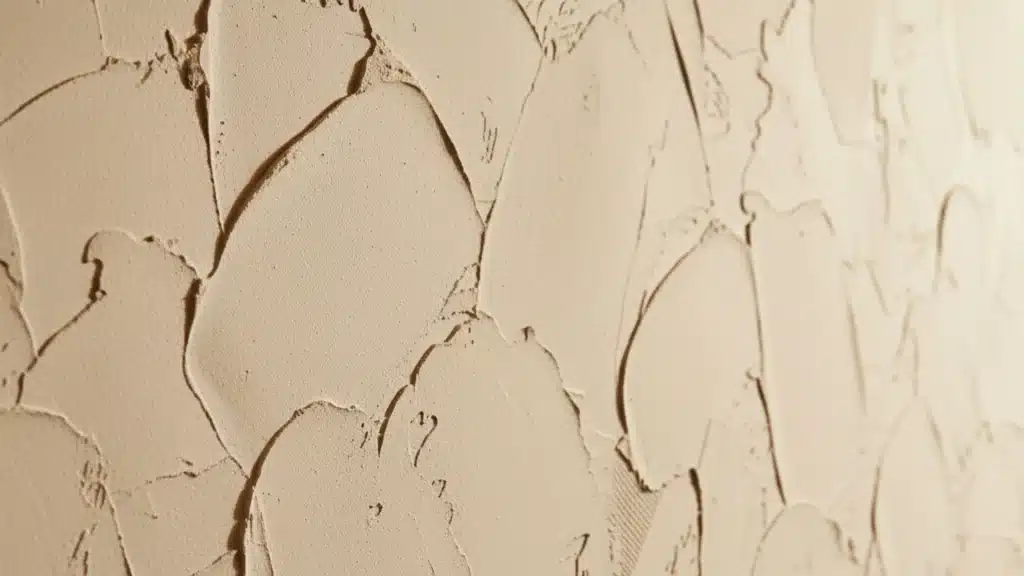 Close up of skip trowel wall texture showing overlapping hand applied tan mud patches with rough edges and deep shadows