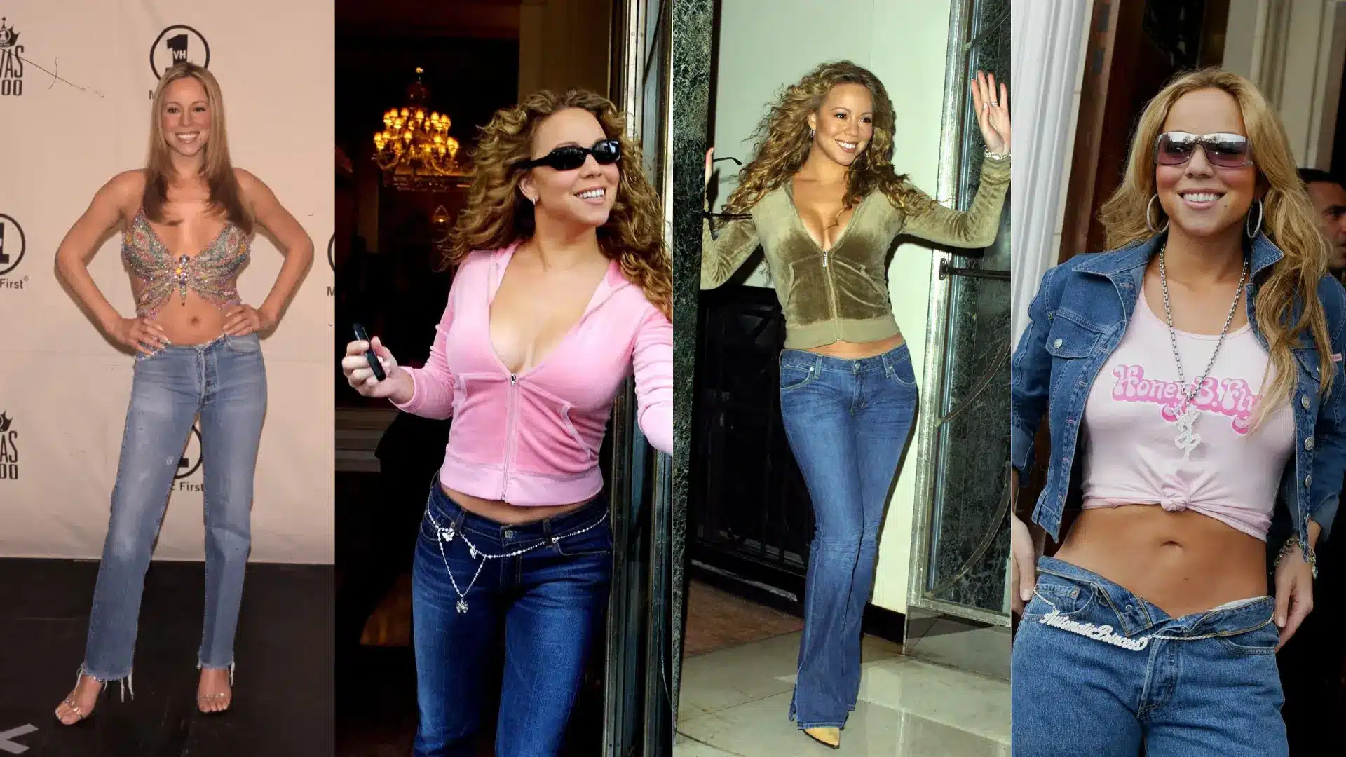 Collage of Mariah Carey in early-2000s outfits, low-rise jeans, crop tops, sunglasses, posing and smiling in an event