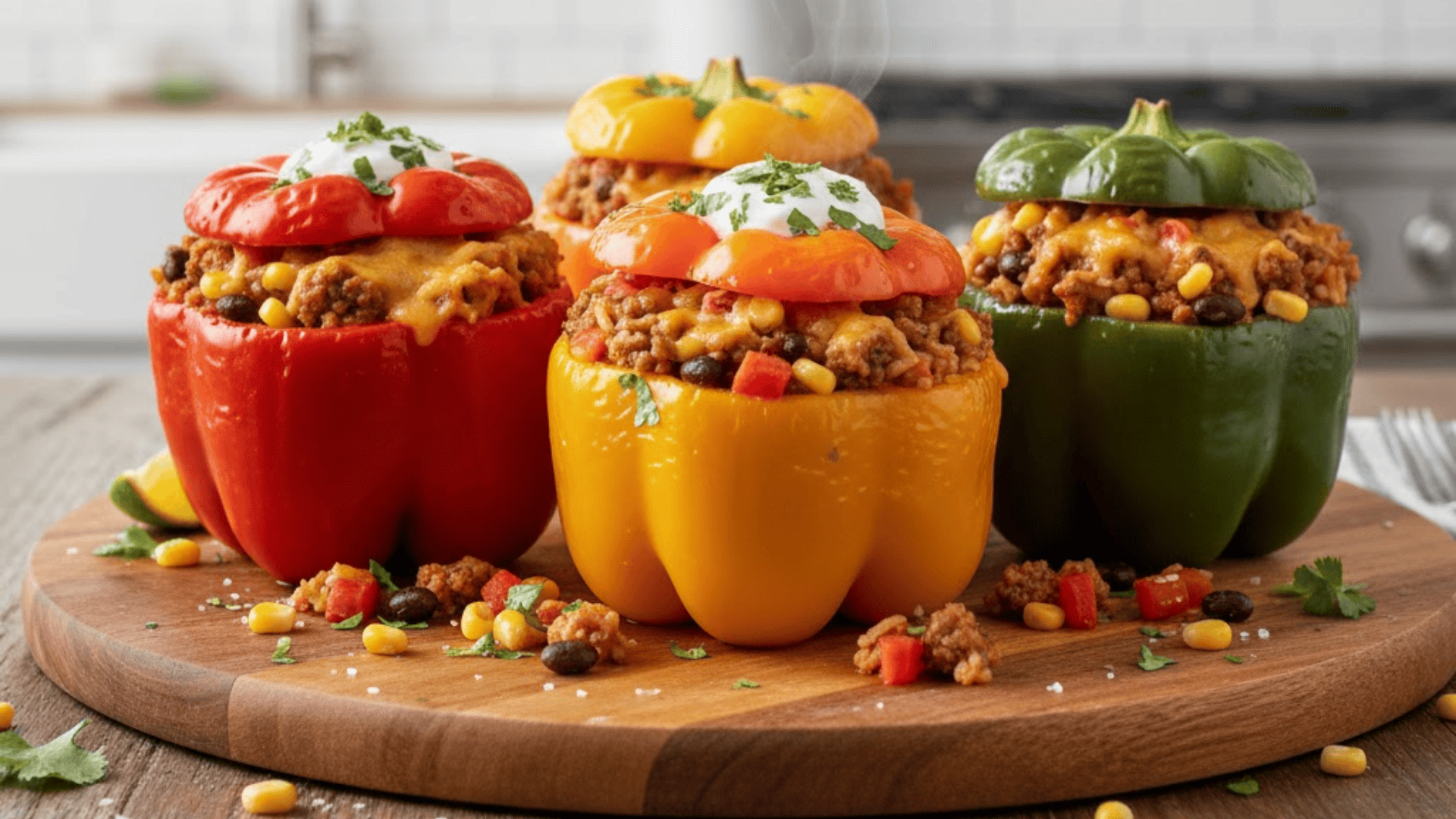 Colorful stuffed bell peppers filled with meat, beans, corn, and cheese on wooden board