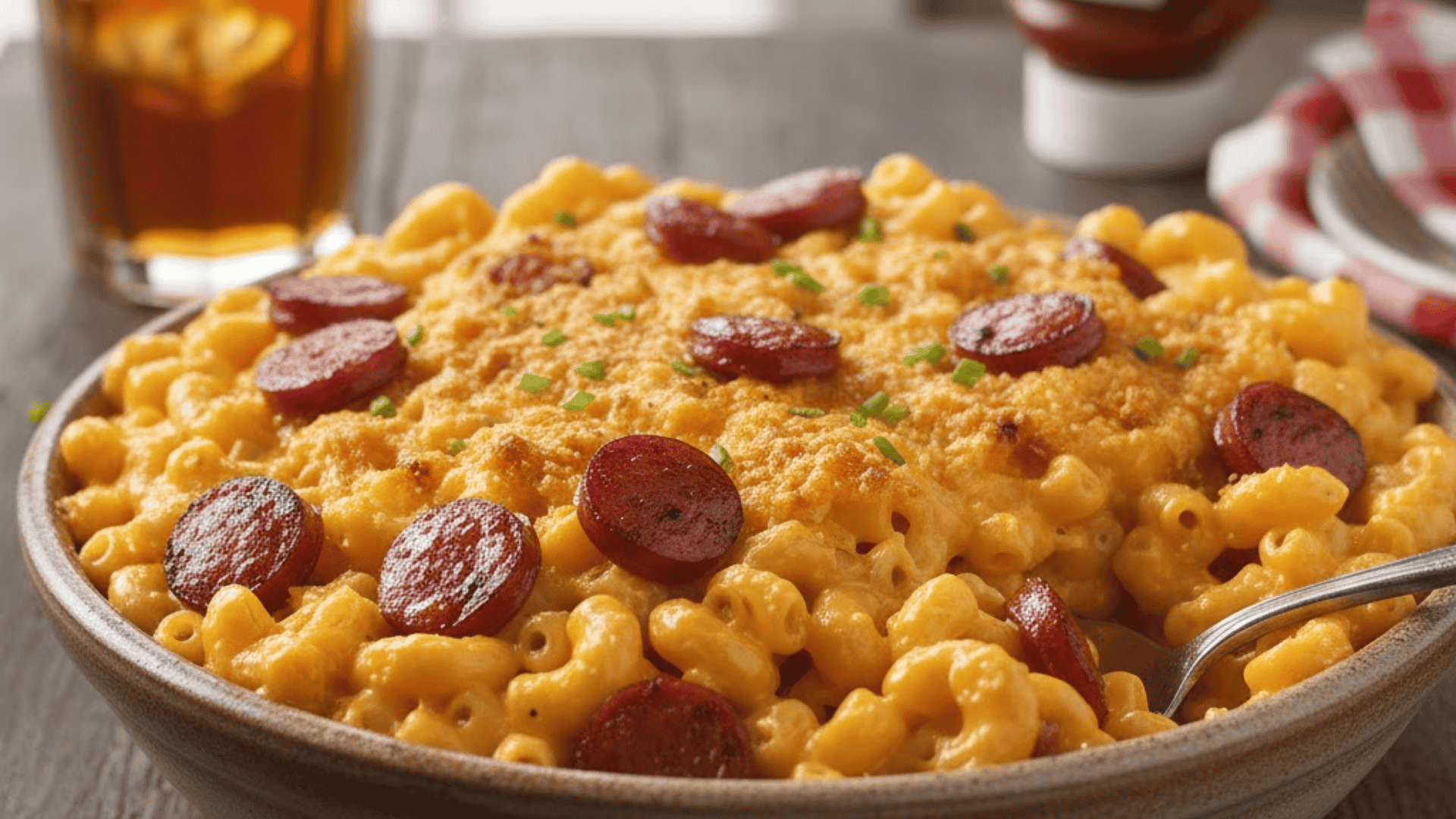 Creamy mac and cheese topped with sliced sausage and herbs in rustic bowl