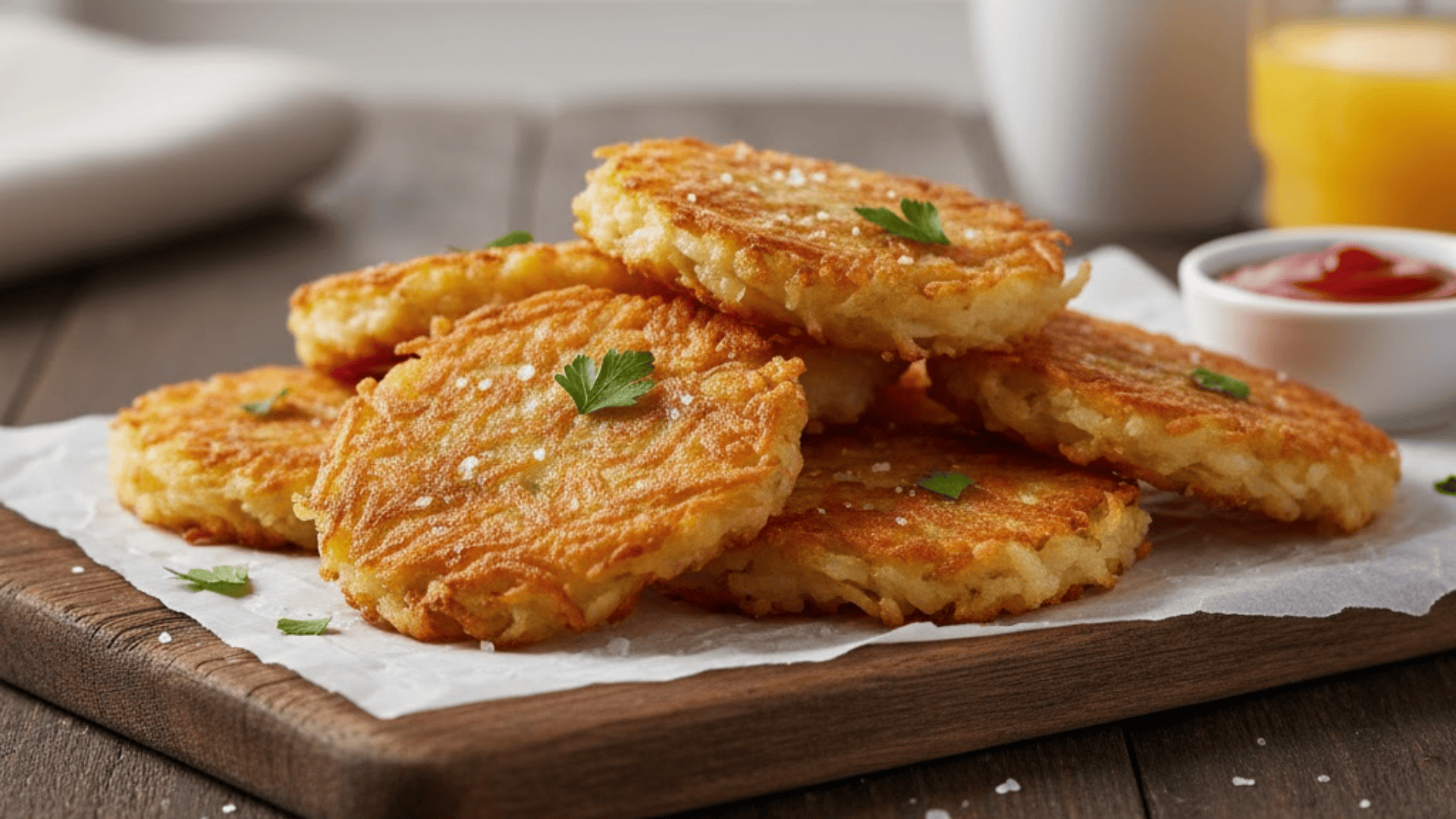 Crispy hash brown patties stacked on plate with herbs garnish