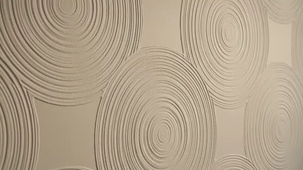 Drywall swirl texture shows tan circular combed patterns overlapping on a flat wall surface with soft side lighting shadows