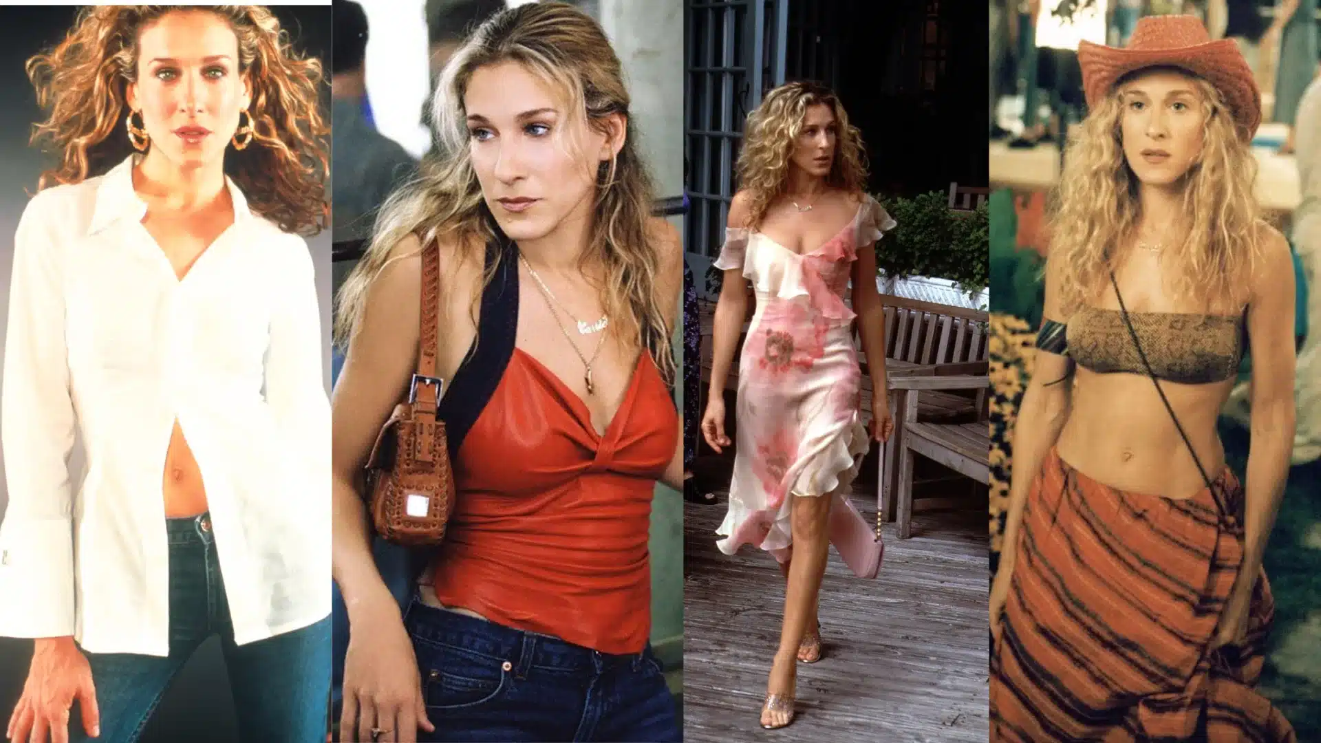 Early 2000s aesthetic collage of Carrie Bradshaw in flowy dresses, crop tops, denim, and soft glam styling, featuring 2000s aesthetic fashion