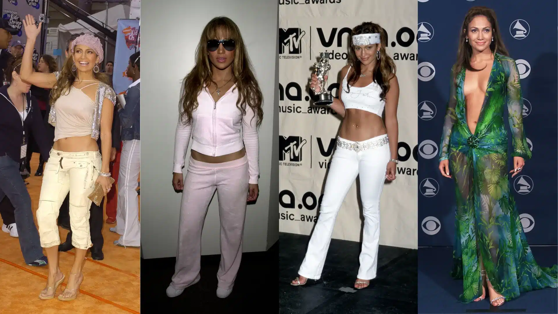 Early 2000s aesthetic collage of Jennifer Lopez in low rise pants, crop tops, velour tracksuits and sheer glam dresses