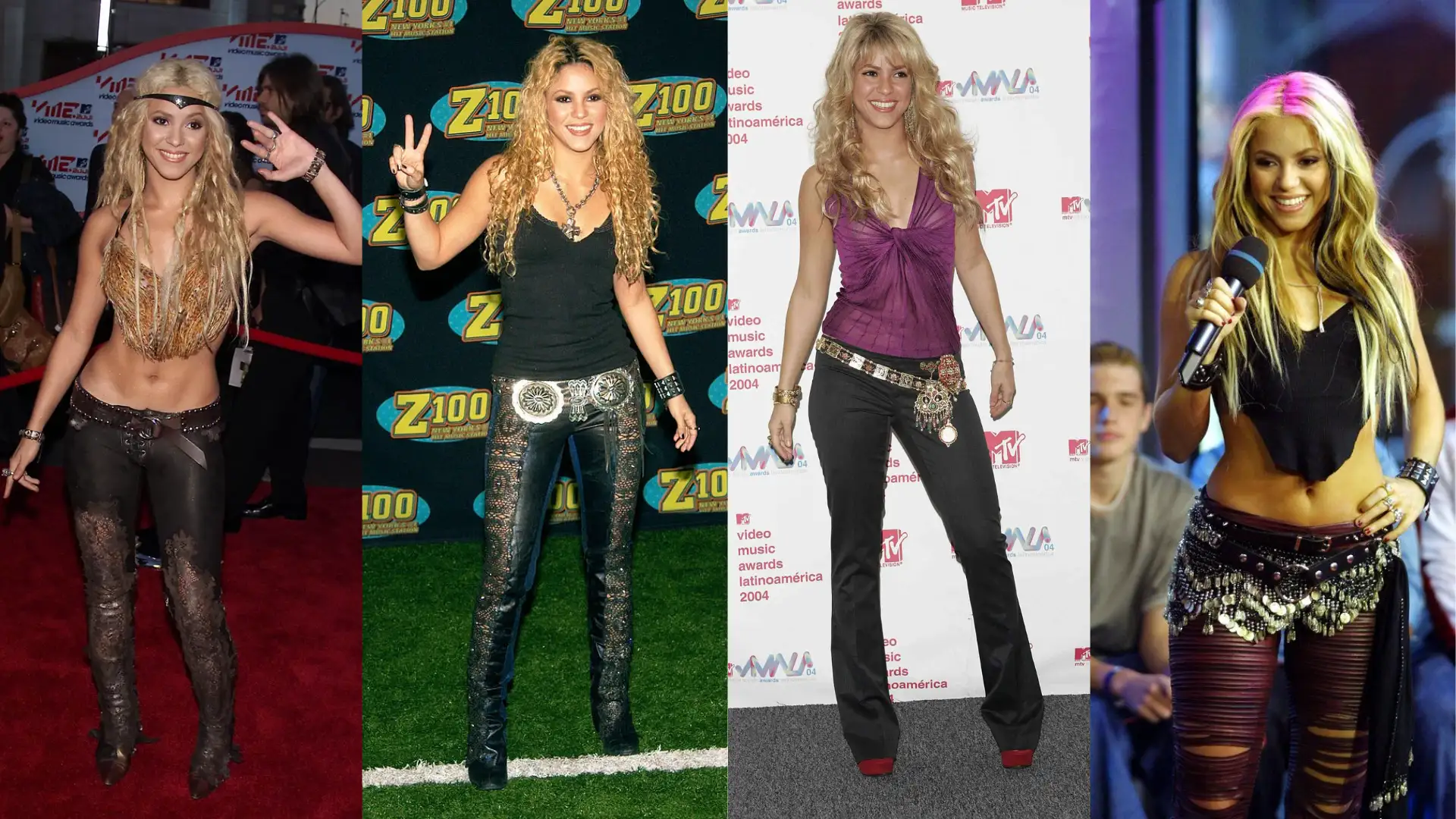 Early 2000s aesthetic collage of Shakira with low rise pants, hip scarves, crop tops and boho glam styling