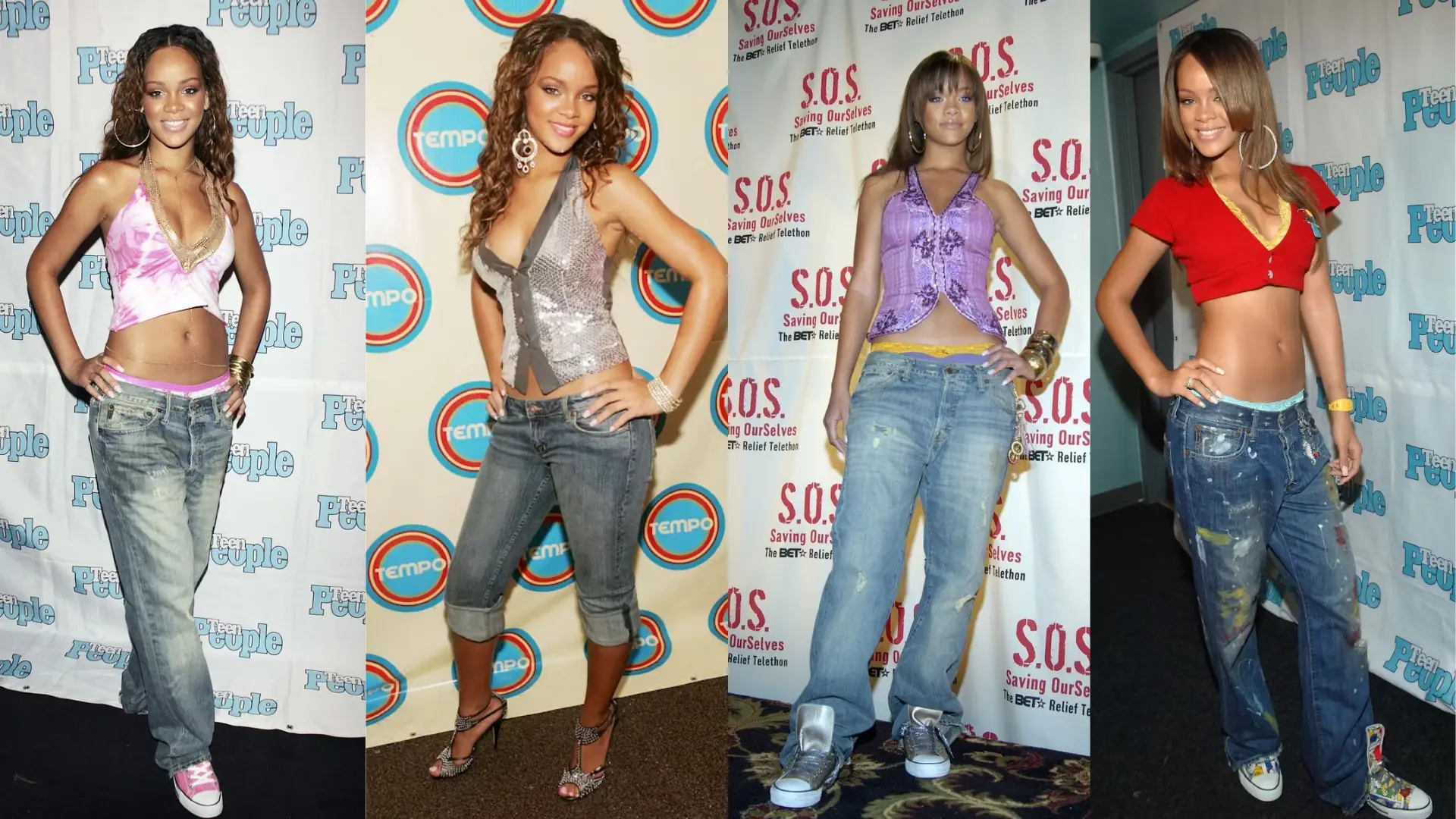 Early 2000s aesthetic fashion collage of Rihanna with low rise jeans, crop tops, fitted vests and casual glam styling