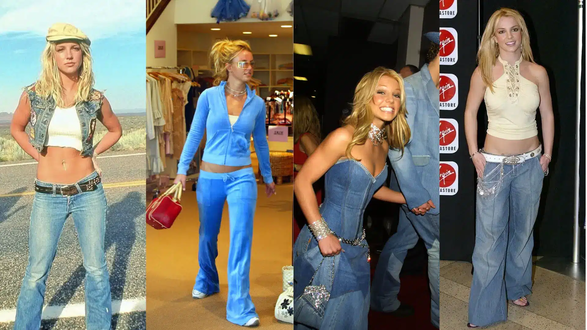 Early 2000s aesthetic outfit collage of Britney Spears in low rise jeans, velour tracksuits, crop tops and denim looks