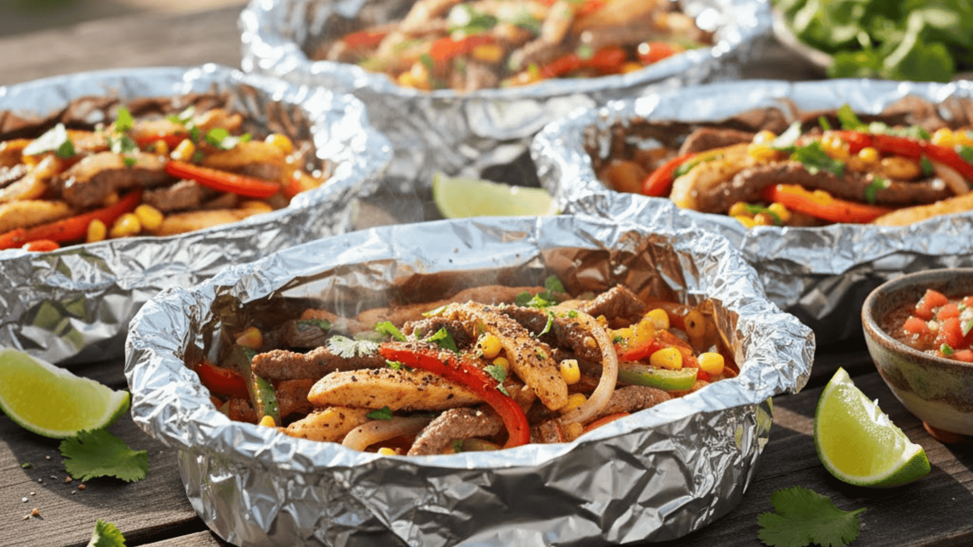Foil packet fajitas with beef, peppers, and corn served outdoors with lime wedges and salsa