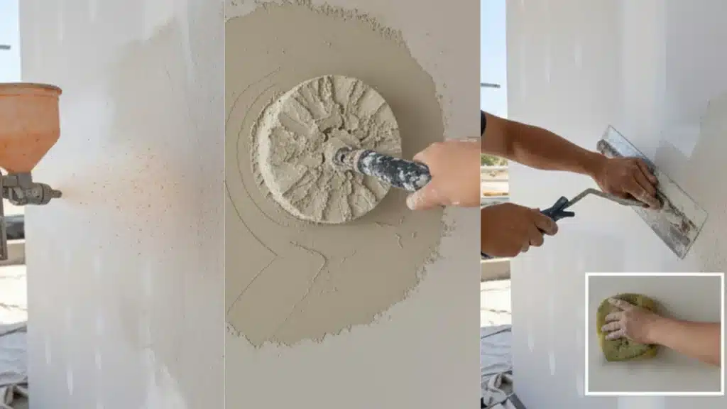 Four panels show drywall preparation including joint taping compound application with a roller and smoothing with a knife