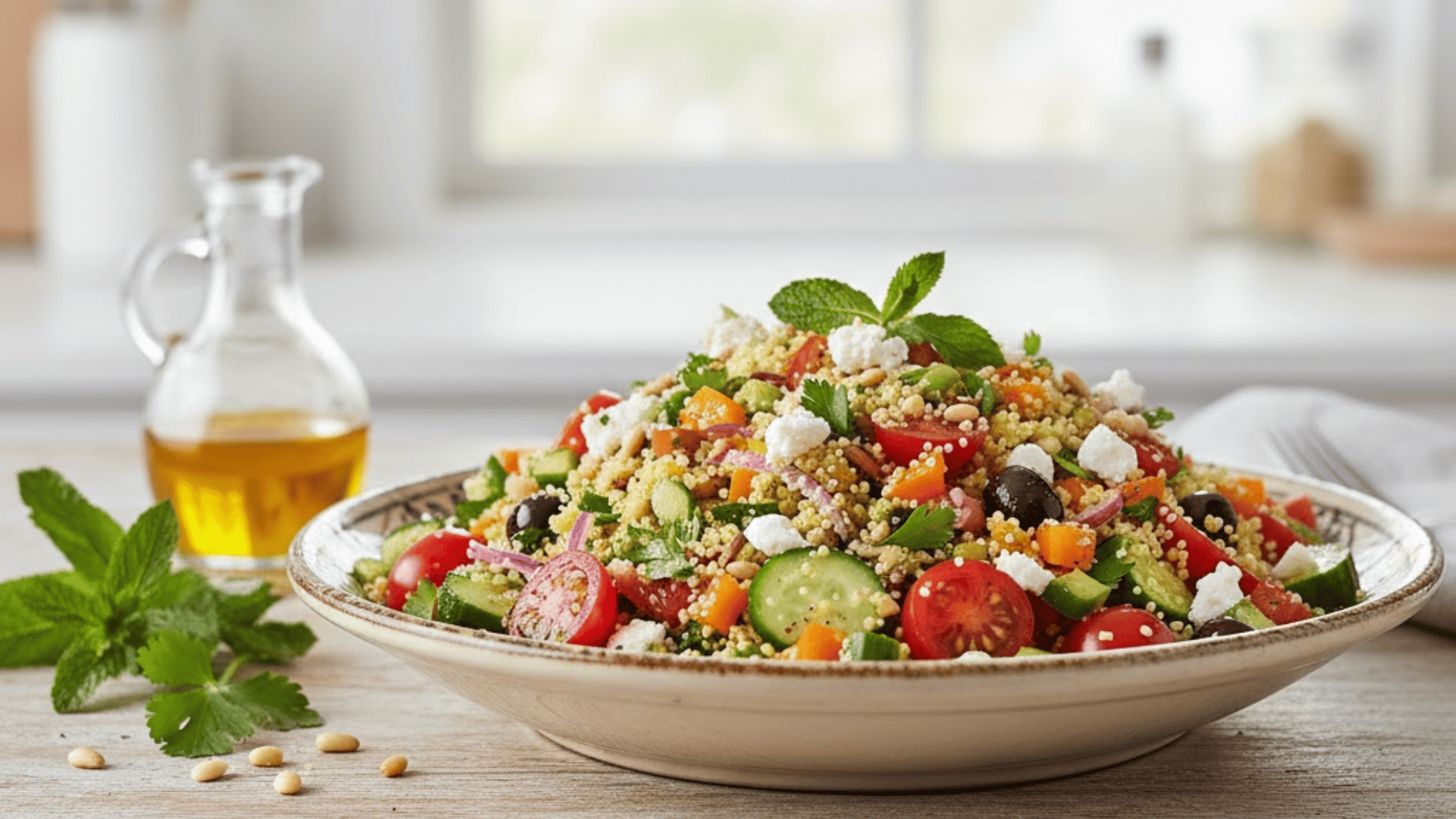 Fresh quinoa salad with cucumbers, tomatoes, feta, olives, and herbs on a rustic plate
