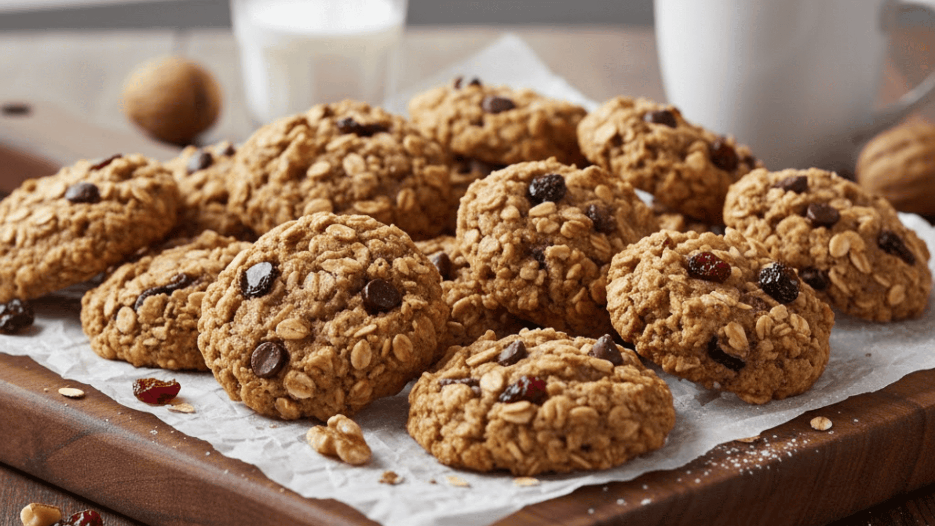 Freshly baked oatmeal cookies with raisins arranged on parchment paper
