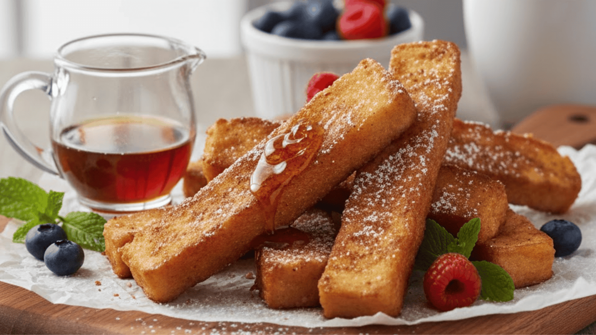 Golden French toast sticks with syrup and berries served on rustic table
