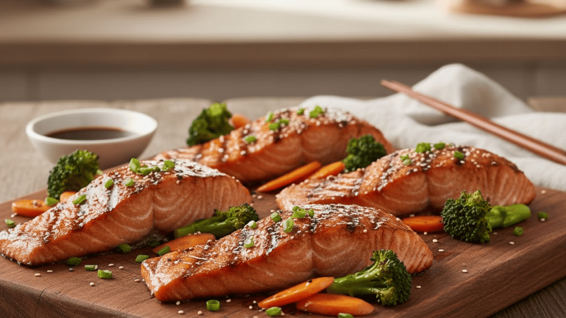 Grilled salmon fillets with sesame seeds served with broccoli and carrots on wooden board