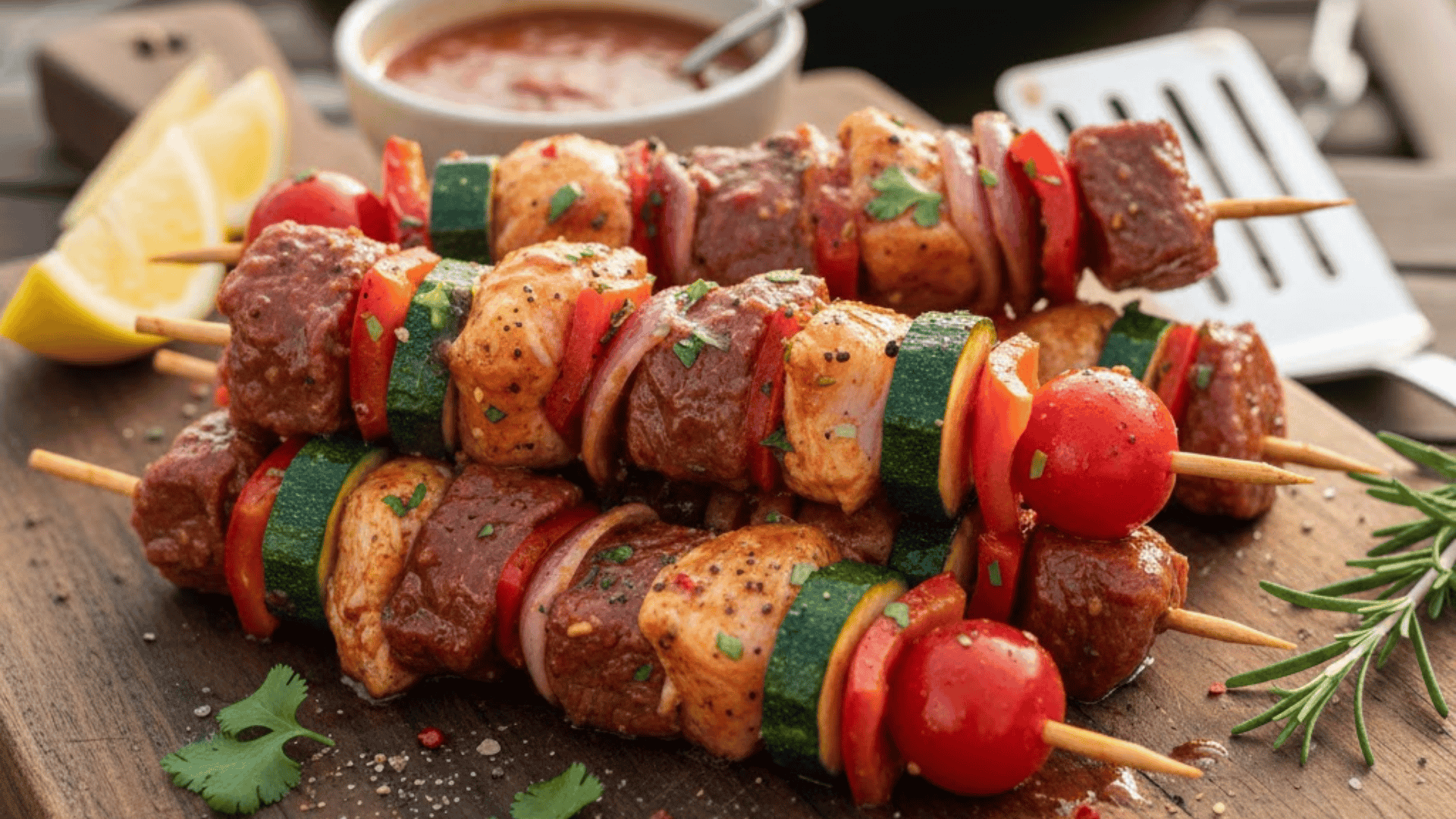 Grilled skewers with beef, chicken, zucchini, peppers, and tomatoes on wooden board