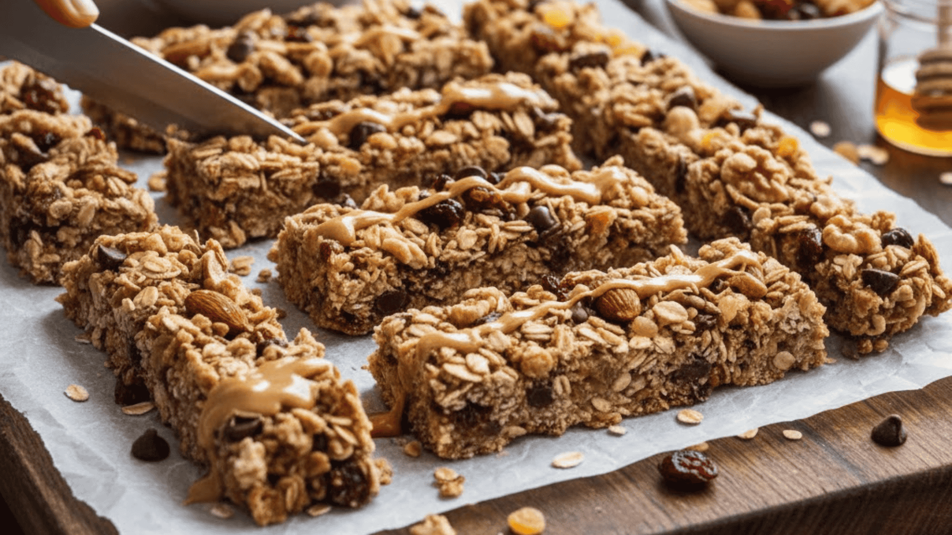 Homemade granola bars stacked with oats, nuts, and honey on wooden surface