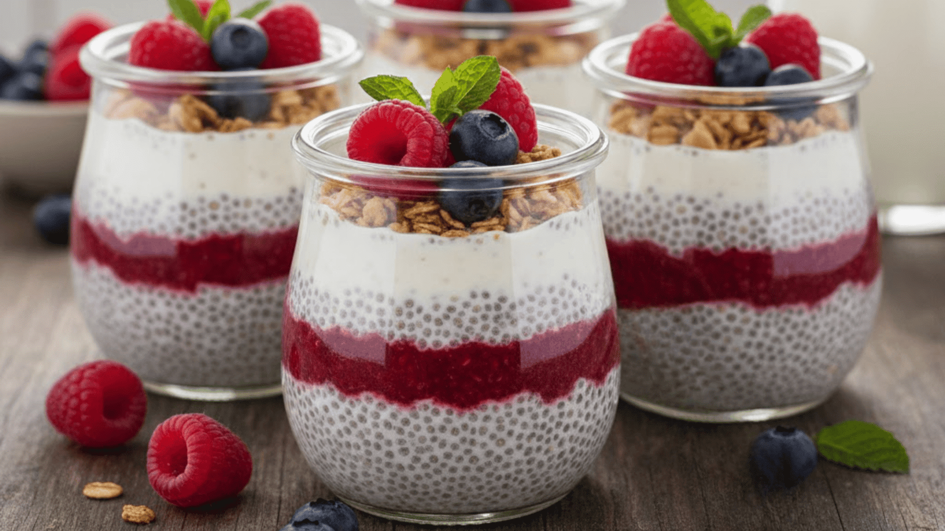 Layered chia berry pudding parfaits topped with raspberries and blueberries