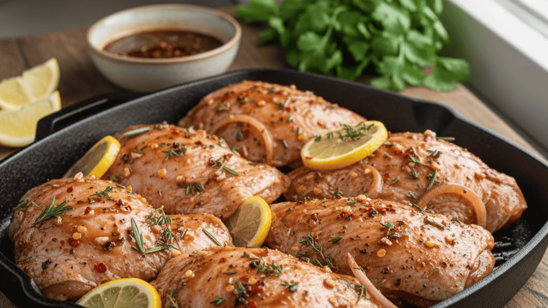 Marinated chicken thighs in skillet with lemon slices, herbs, and spices ready to cook