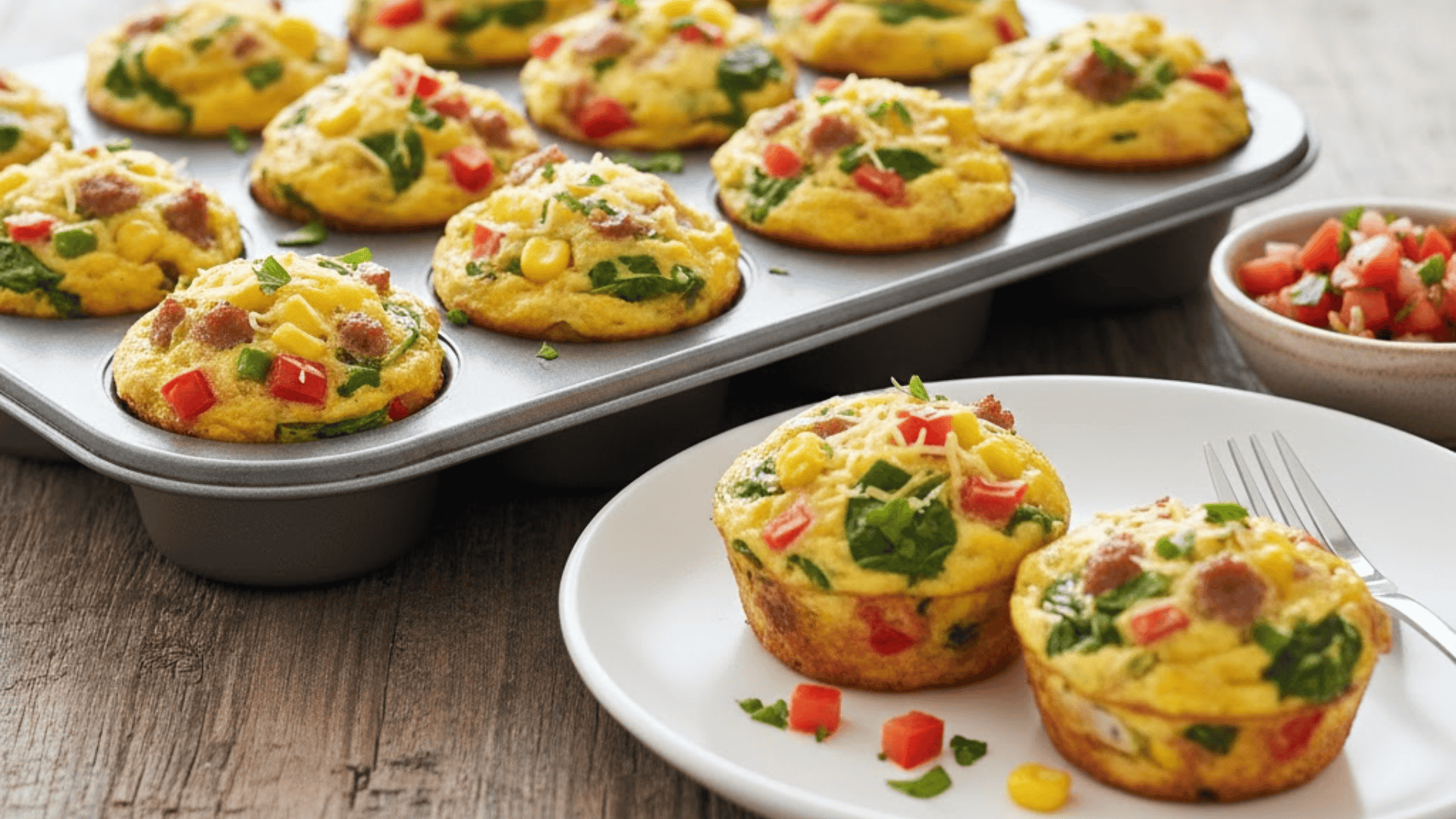 Mini egg muffins with vegetables baked in trays and served on a plate