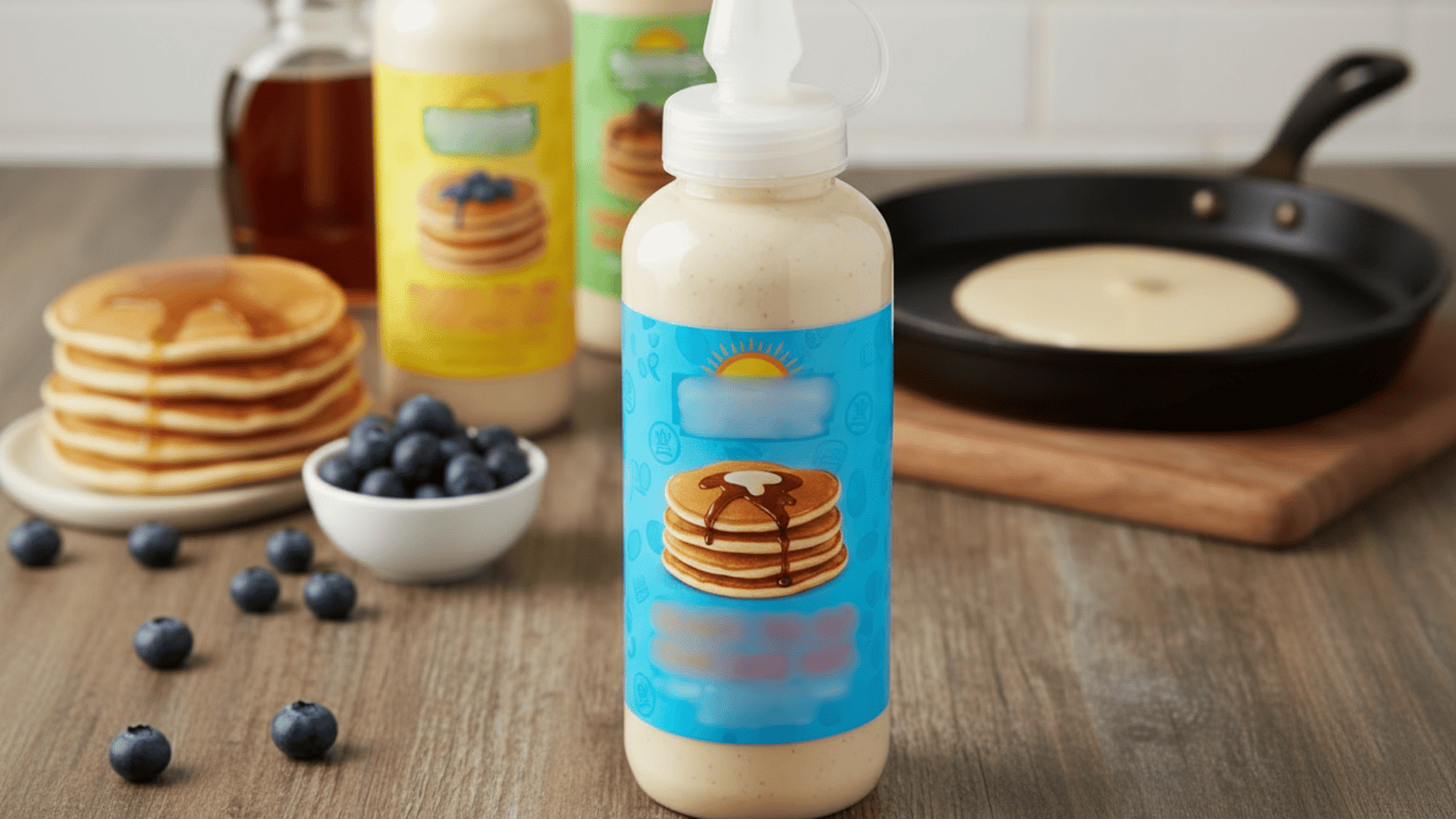 Pancake batter mix bottle with ingredients and blueberries beside a cooking setup