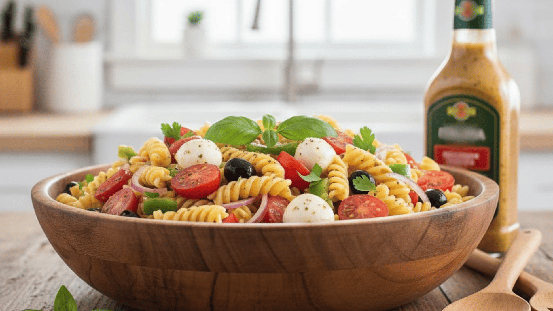 Pasta salad with vegetables and herbs in bowl for easy meal prep