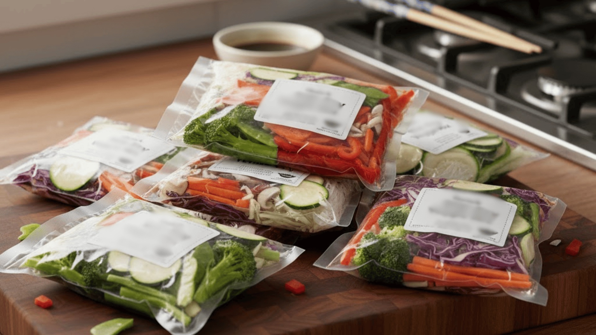 Prepped vegetables sealed in bags including broccoli, peppers, carrots, and zucchini