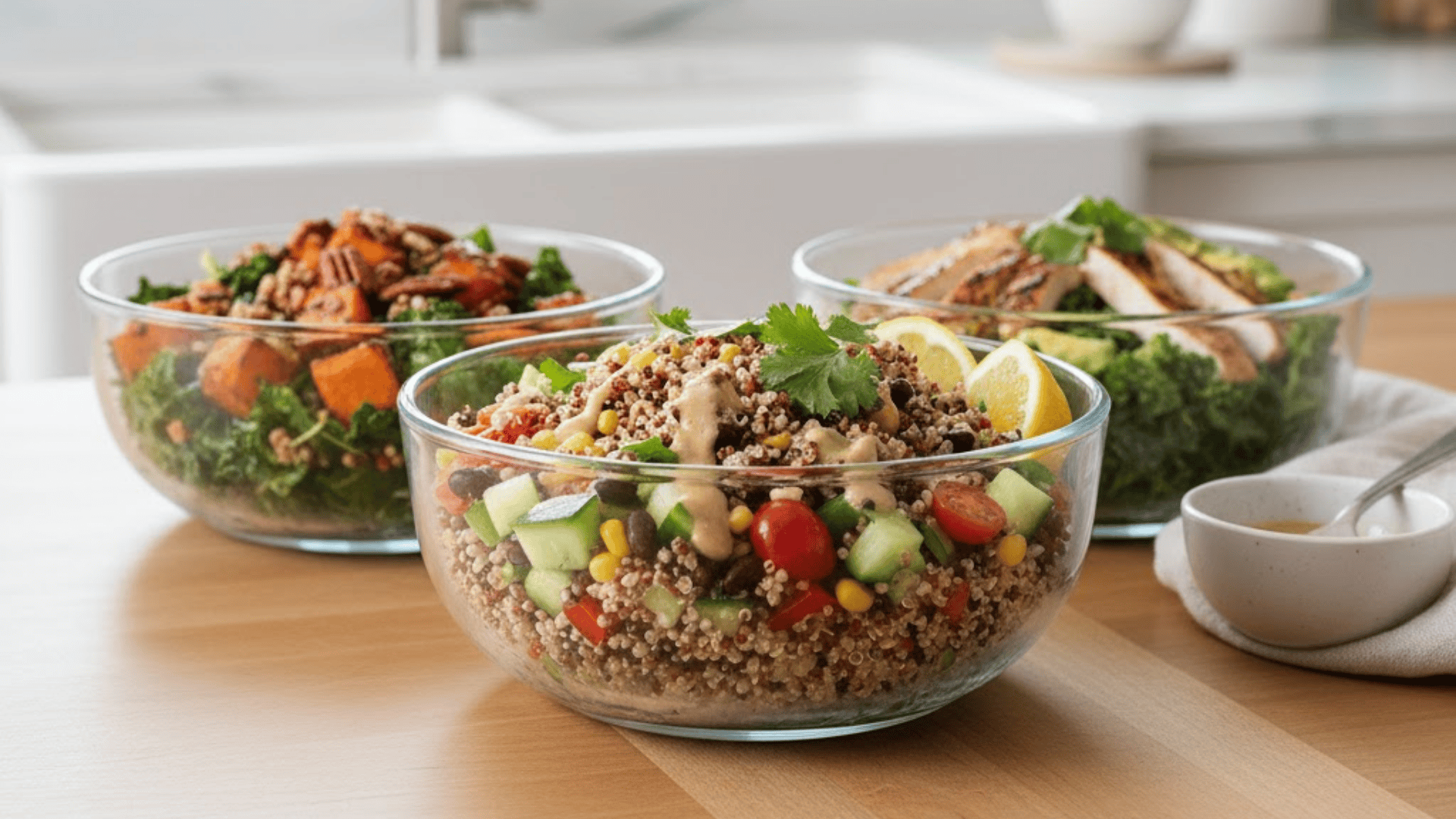 Quinoa salad with vegetables and herbs served in glass bowl