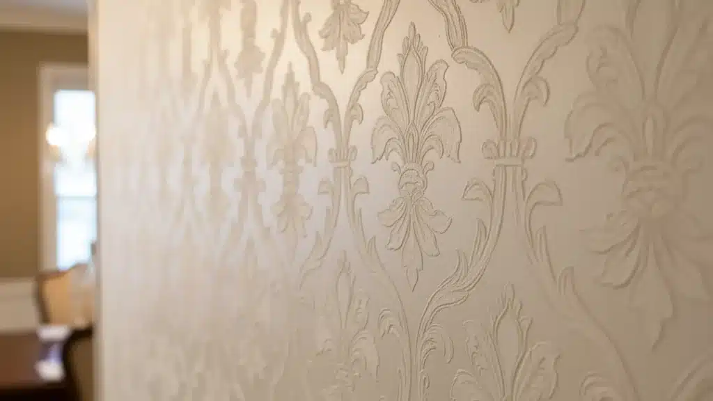 Raised white brocade drywall texture shows a repeating floral damask pattern with fleur de lis shapes on a smooth surface