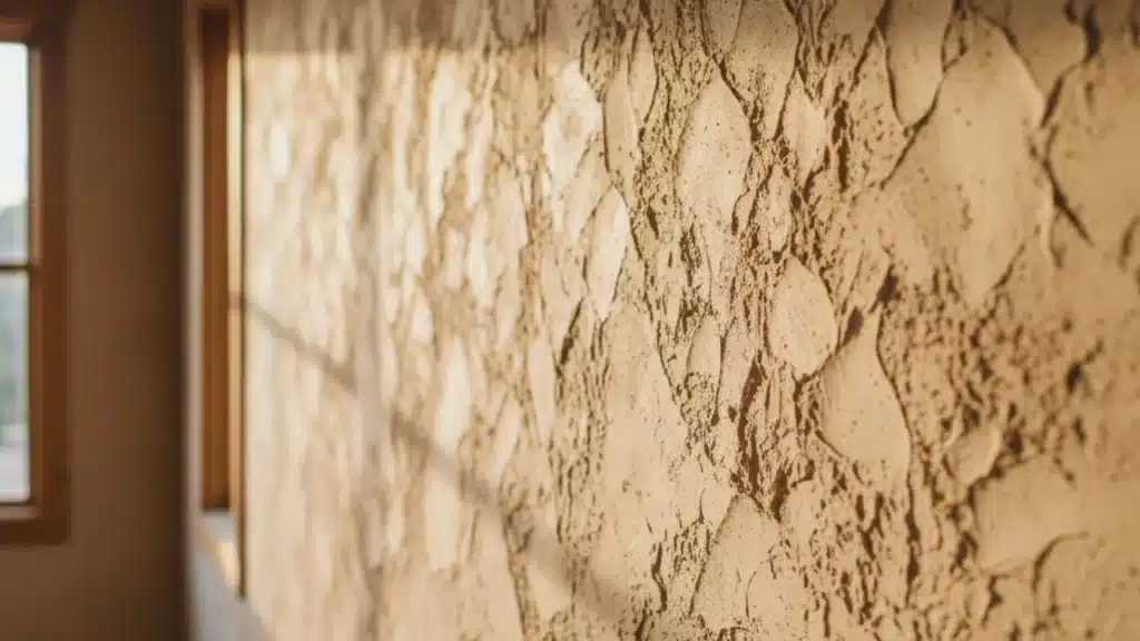 Santa Fe drywall texture shows a thick tan plaster finish with low profile flat peaks and rough recessed cratered areas