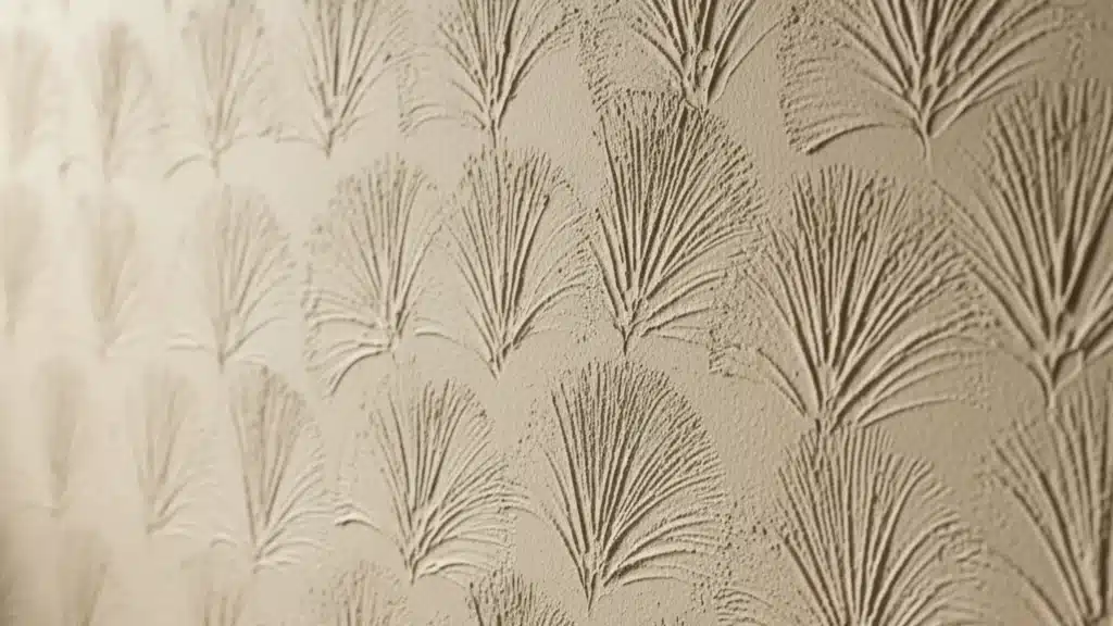 Slap brush drywall texture shows tan fan shaped patterns stamped in a repeating row across a wall with soft side shadows