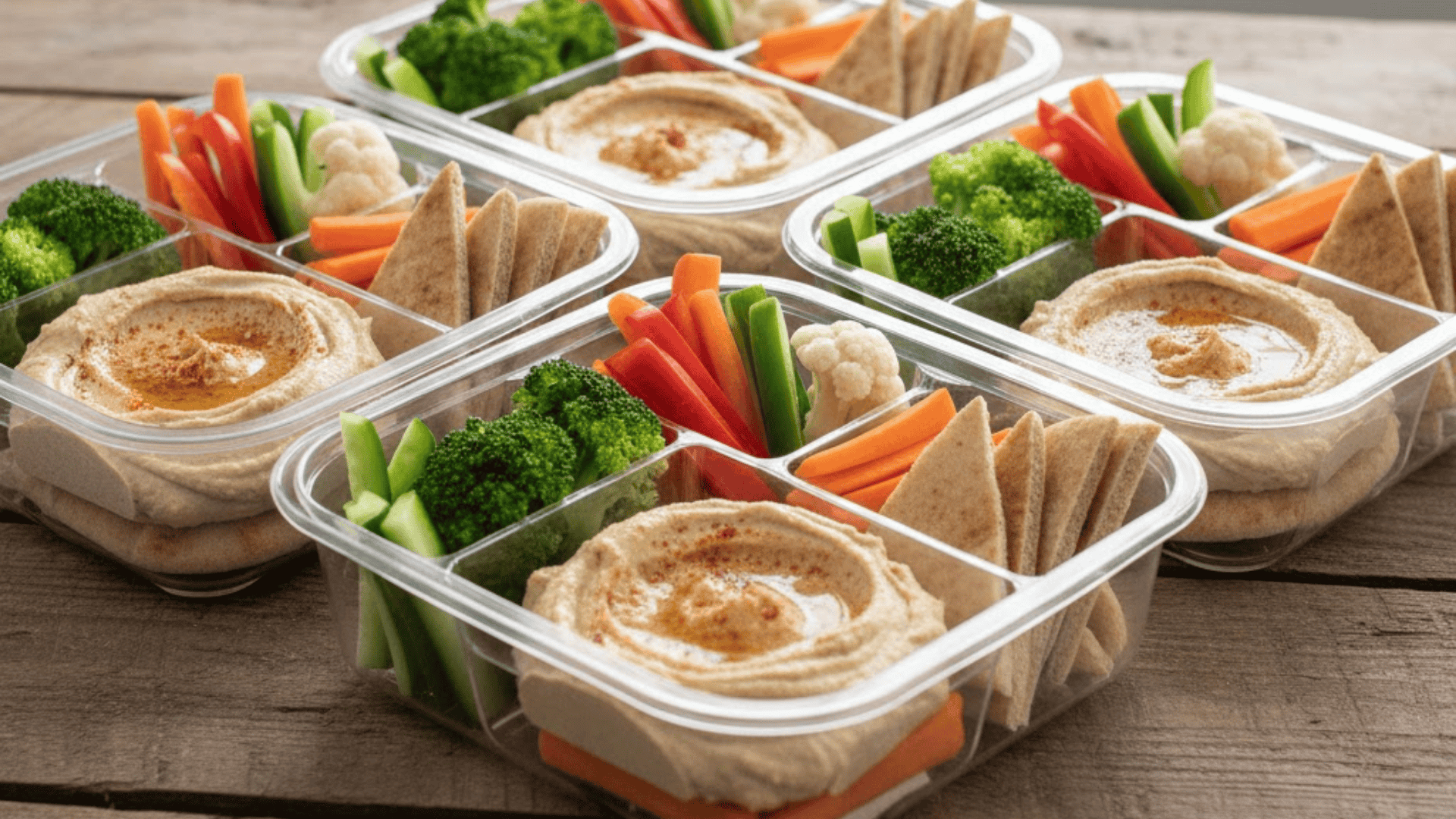 Snack box with vegetables, crackers, and dip arranged in compartments