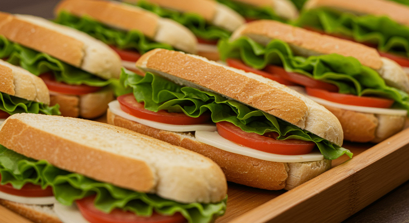 Sub sandwiches with lettuce, tomato, and meat filling on wooden board