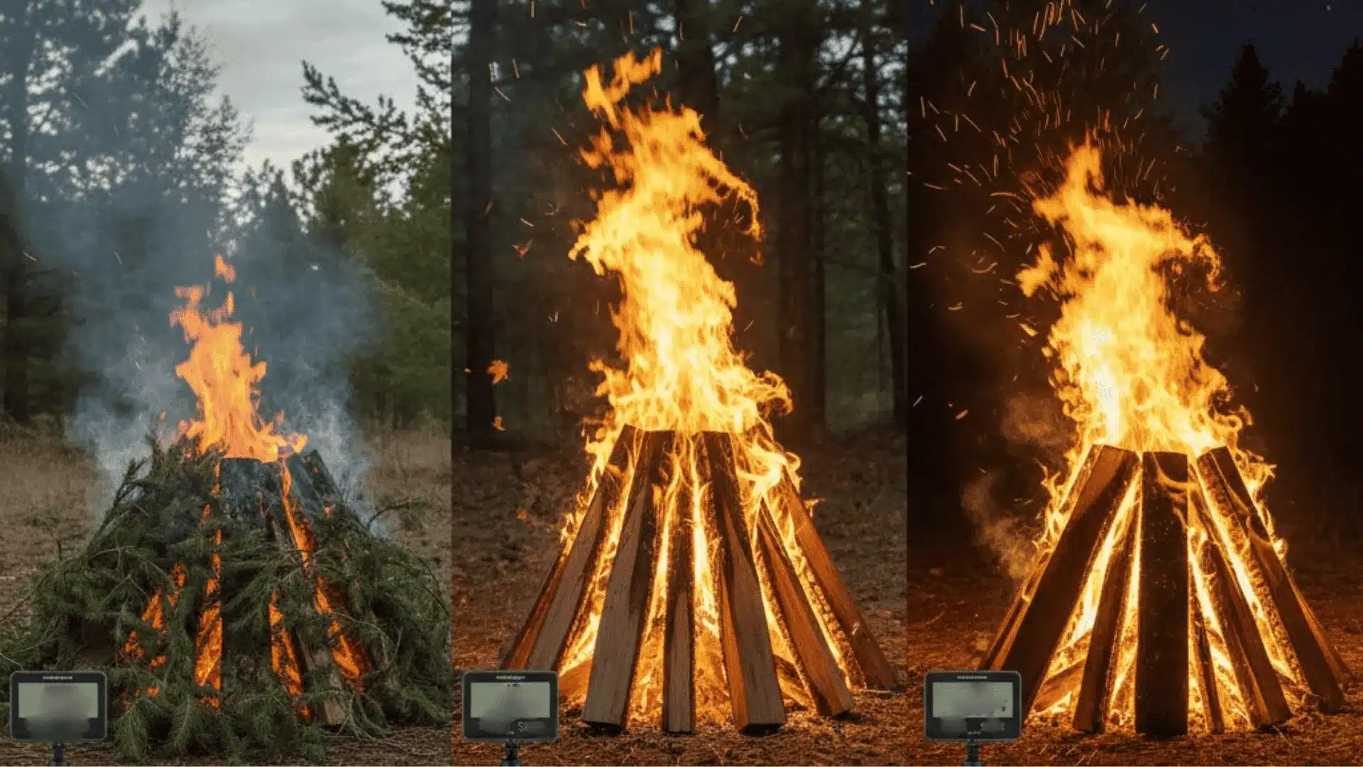 Triptych showing a large bonfire burning through three stages- burning brush in daylight, wood logs burning brightly at dusk, and embers sparking against the night sky