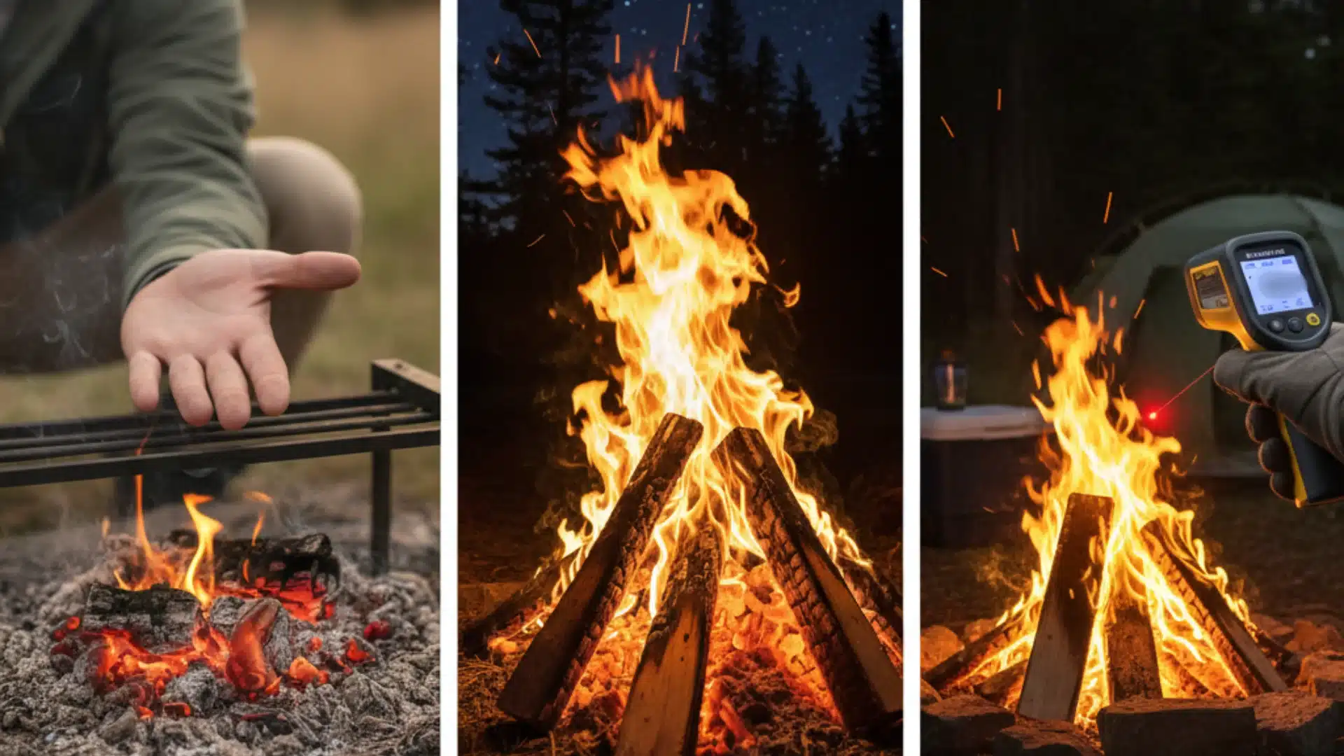 Triptych showing campfires at different stages, including warming a hand over embers, a tall blaze at night, and measuring flame temperature with an infrared thermometer near a tent