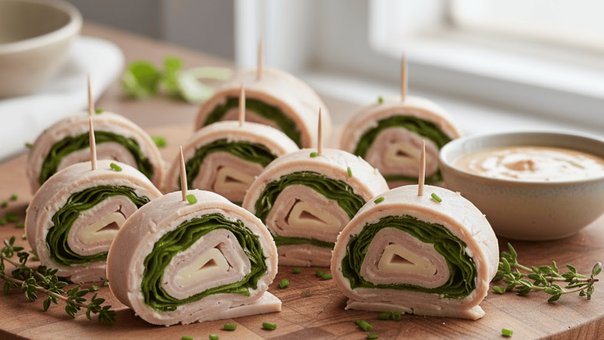Turkey and spinach pinwheel wraps secured with toothpicks served with creamy dipping sauce