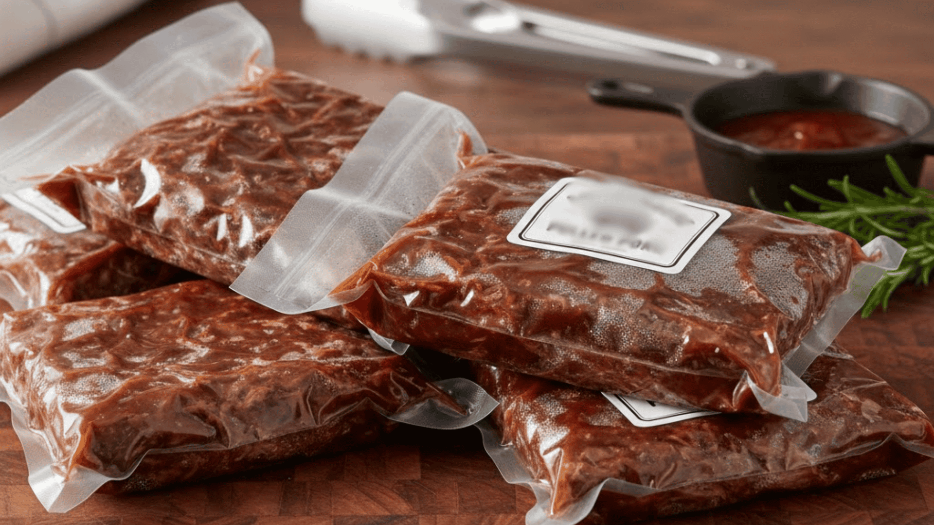 Vacuum-sealed cooked meat portions stacked on wooden surface for meal prep storage