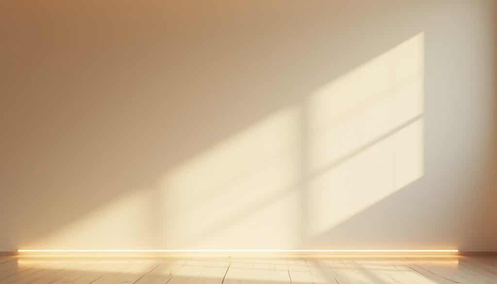 Warm sunlight through a window casts geometric shadows on a beige wall above a light wood floor with glowing base lighting