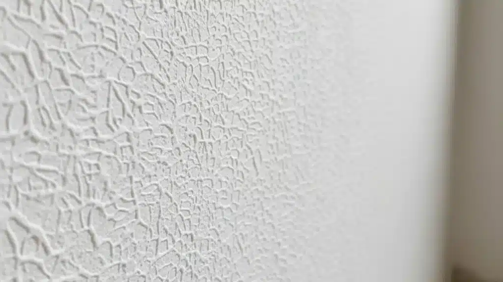 White lace drywall texture shows a raised web like pattern of interconnected lines over a flat surface with soft shadows